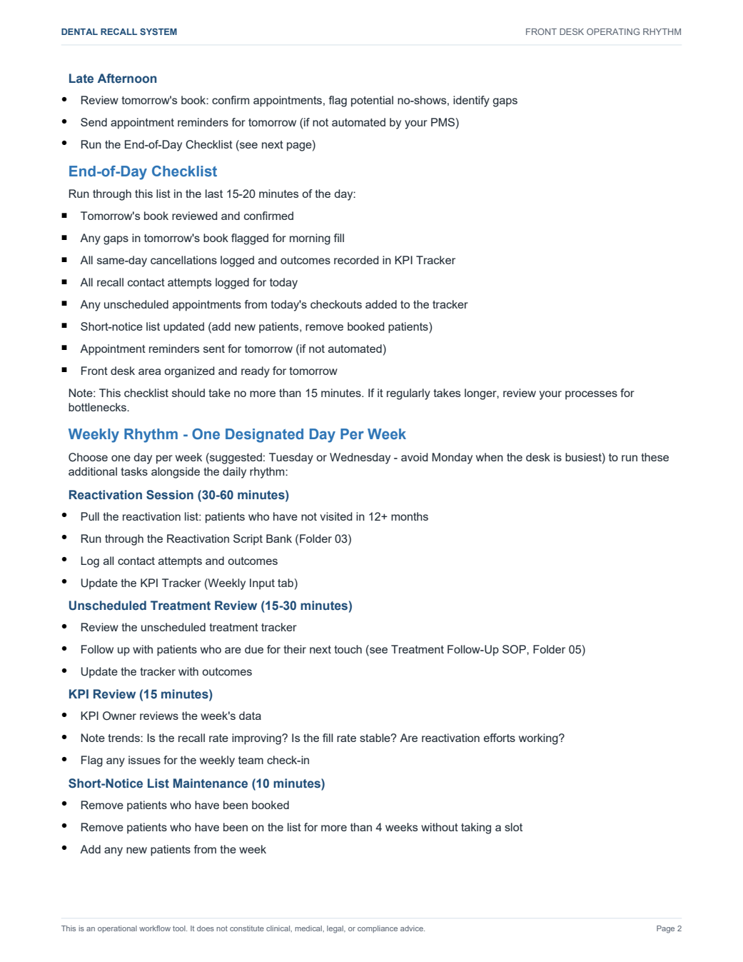 Actual Front Desk Operating Rhythm page 2: end-of-day checklist, reactivation session, treatment follow-up and KPI review.