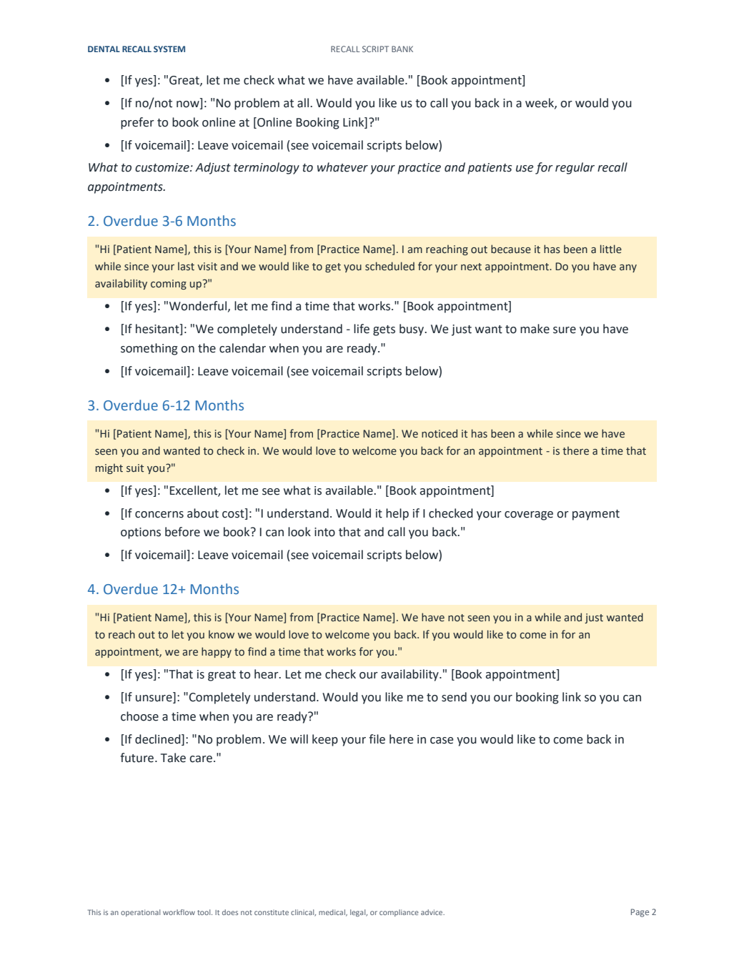 Actual Recall Script Bank page 2: overdue recall wording for 3–6, 6–12 and 12+ months, with response branches.